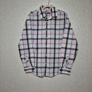 Express Men's Plaid Shirt in Pink and Blue...size:L